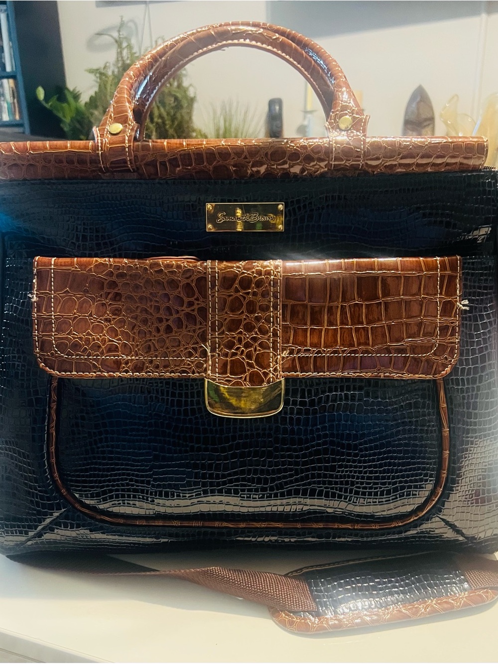 Samantha Brown Two-Tone Croc-Embossed Travel Tote Bag - Brown & Midnight Blue